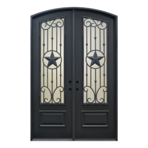 1017- 3/4 Lite Arch Top Double Door with Star Wrought Iron