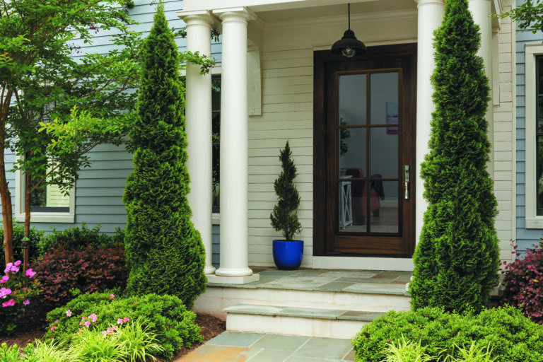 Side view of dark wood front door